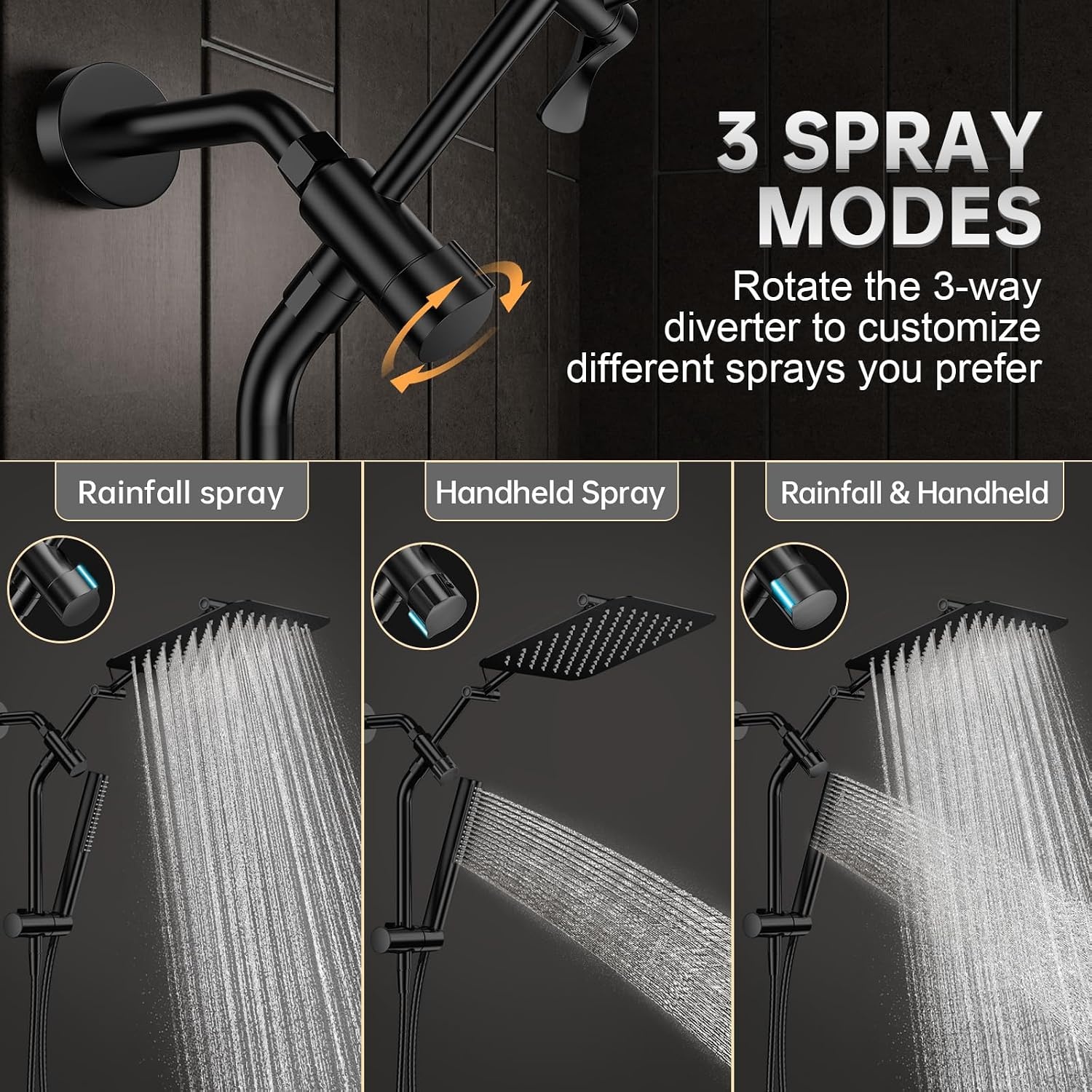 image:imageVeken All Metal 10 Luxurious Rain Shower Head with Handheld SpraySquareBlack Matte