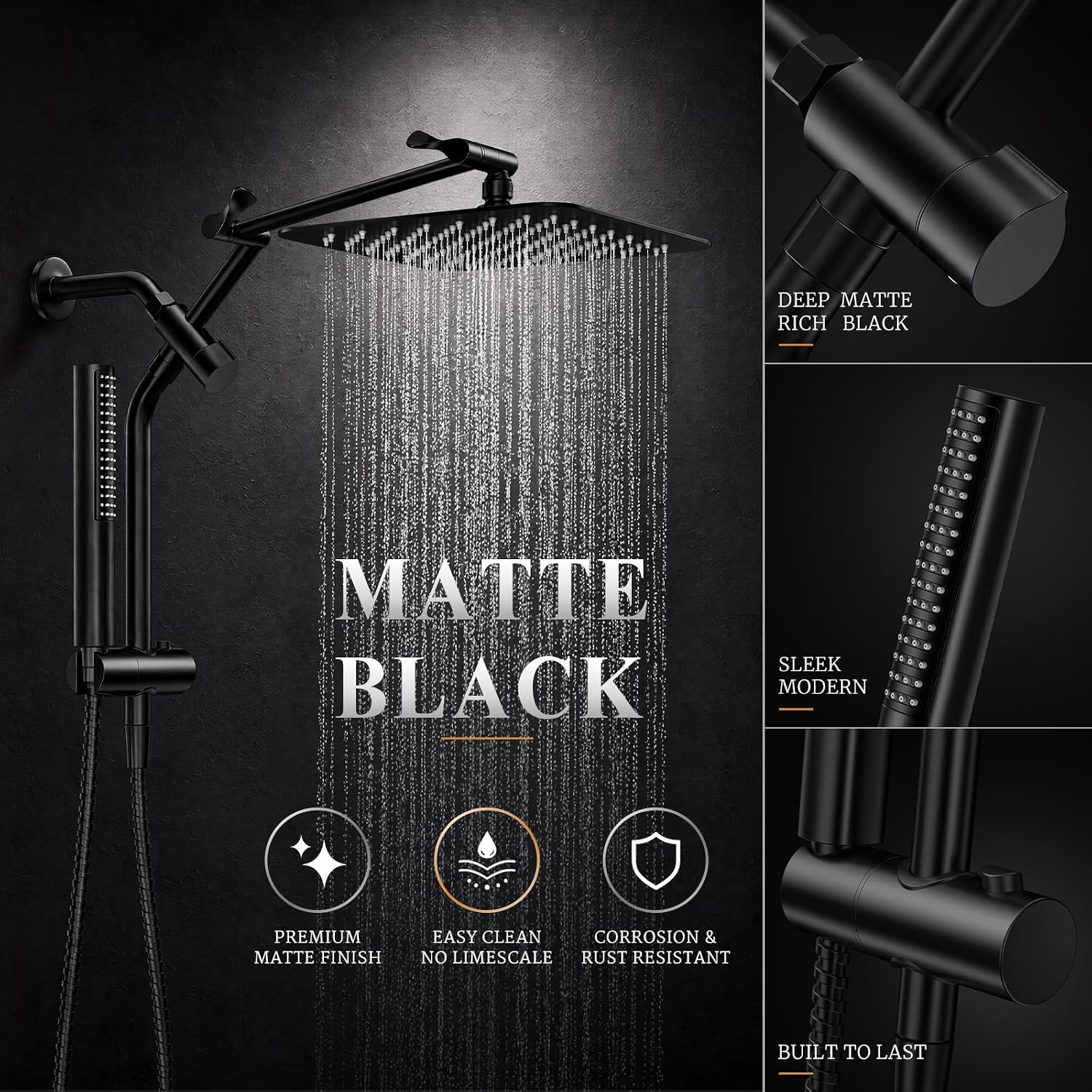 image:imageVeken All Metal 10 Luxurious Rain Shower Head with Handheld SpraySquareBlack Matte
