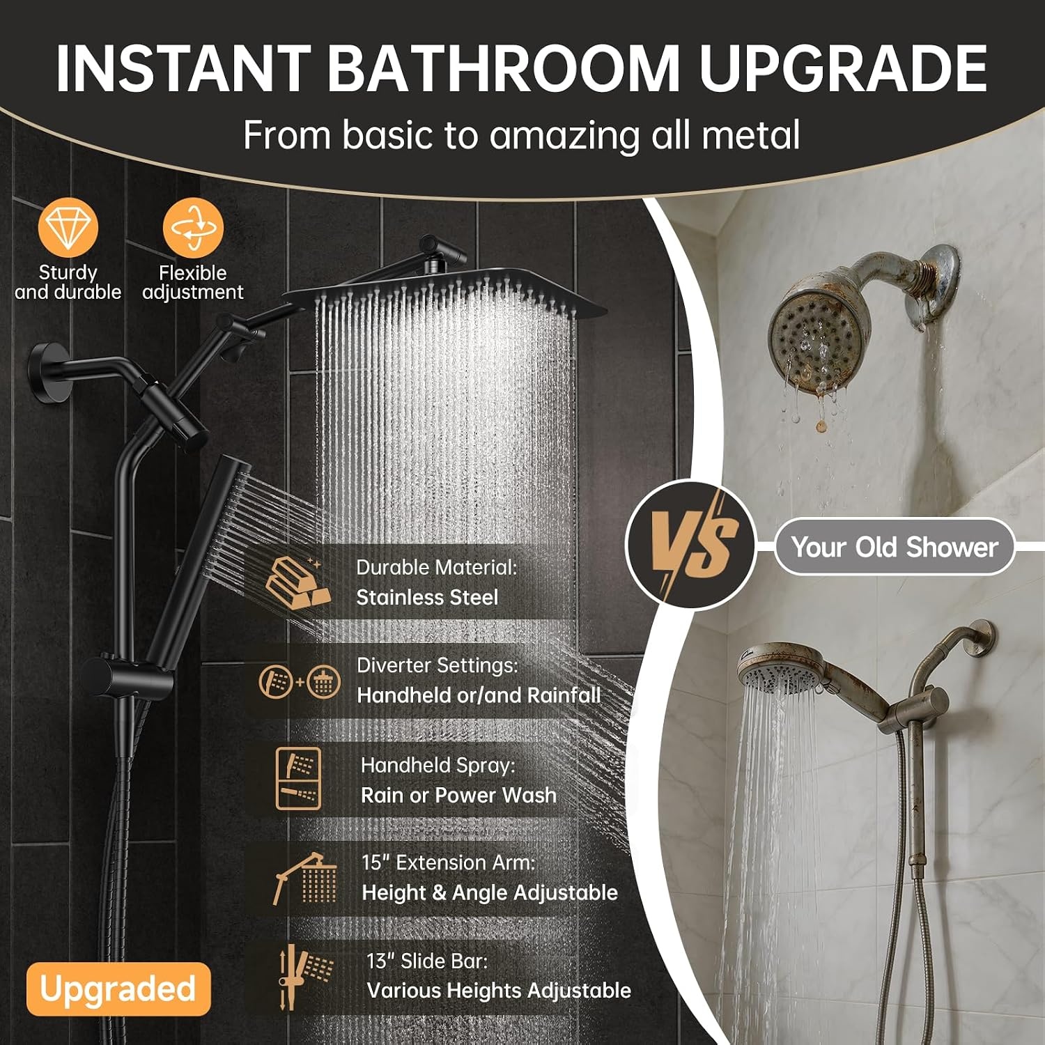 image:imageVeken All Metal 10 Luxurious Rain Shower Head with Handheld SpraySquareBlack Matte