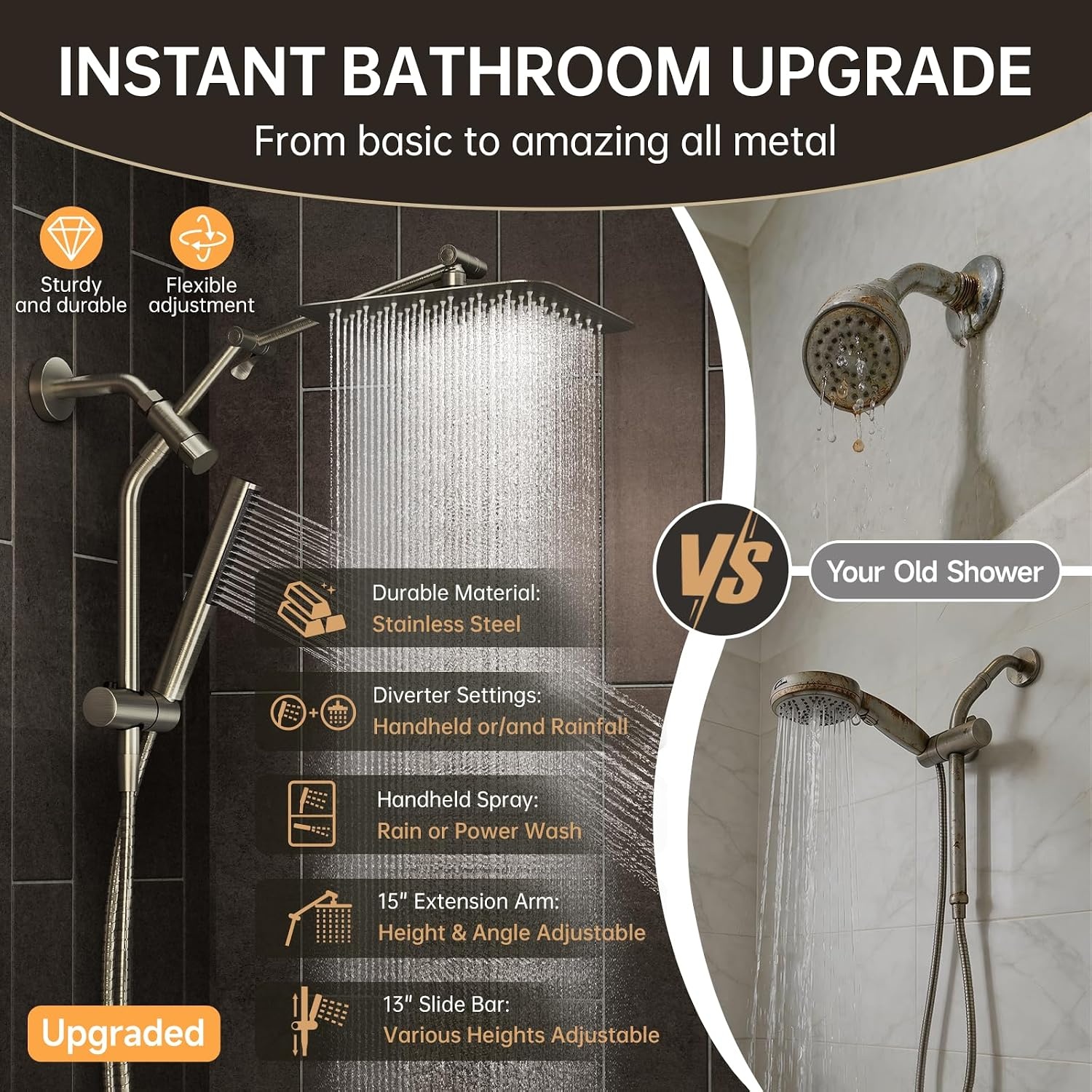 image:imageVeken All Metal 10 Luxurious Rain Shower Head with Handheld SpraySquareBrushed Nickel