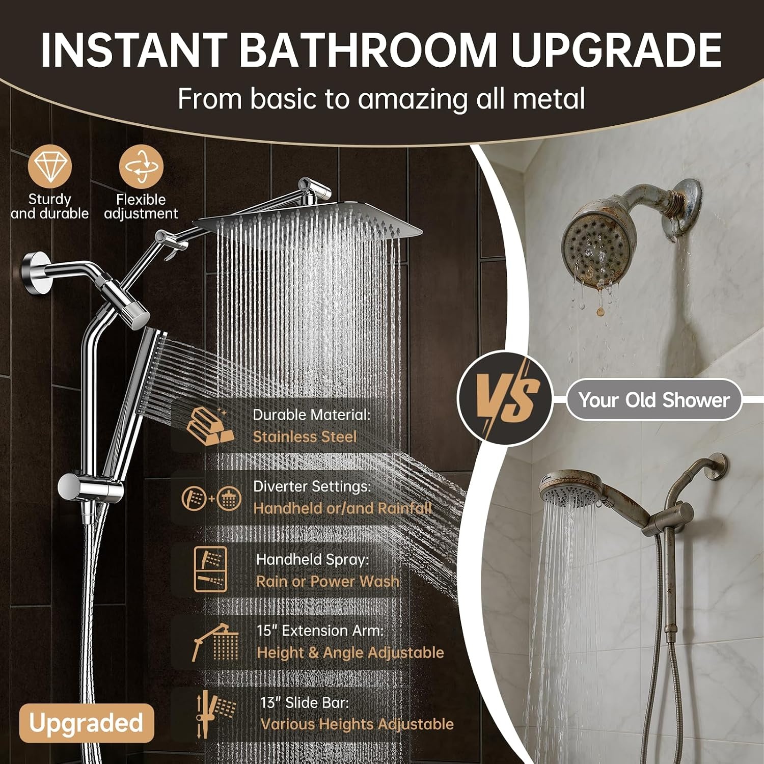 image:imageVeken All Metal 10 Luxurious Rain Shower Head with Handheld SpraySquareChrome