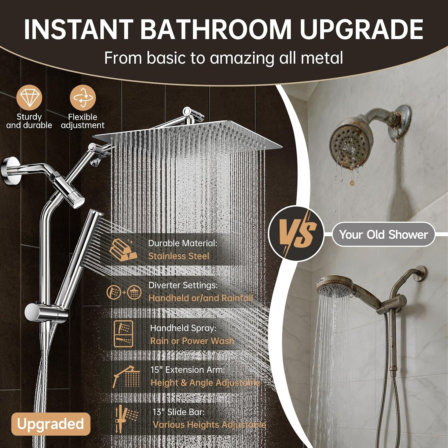 image:imageVeken All Metal 10 Luxurious Rain Shower Head with Handheld SpraySquareChrome