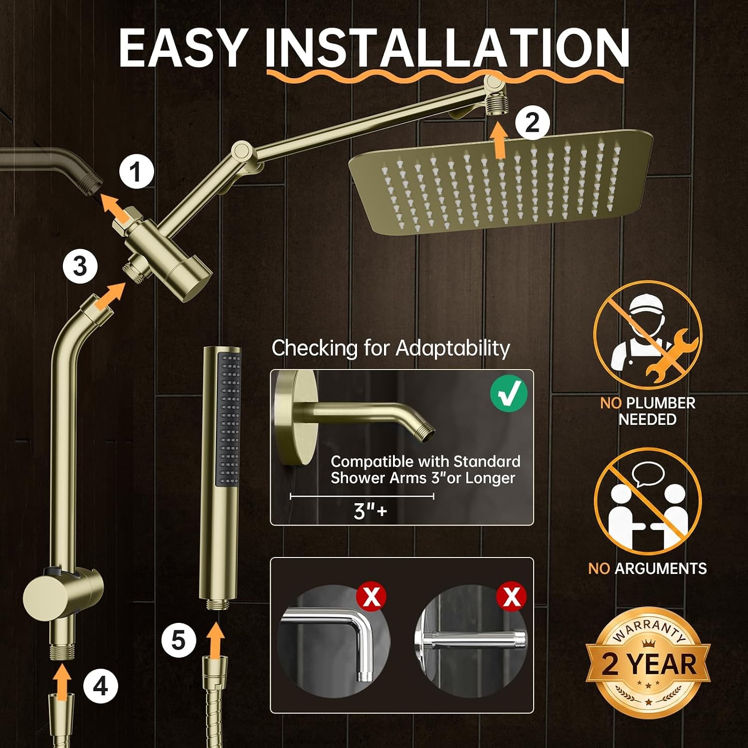 image:imageVeken All Metal 10 Luxurious Rain Shower Head with Handheld SpraySquareGoldbrushed