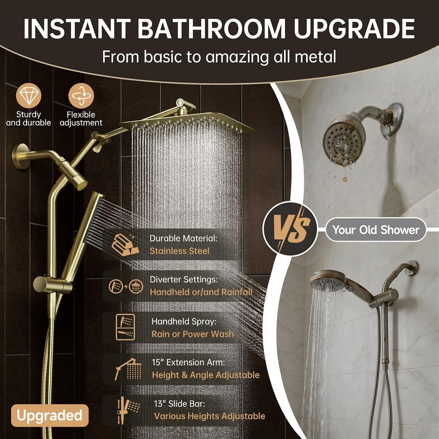 image:imageVeken All Metal 10 Luxurious Rain Shower Head with Handheld SpraySquareGoldbrushed