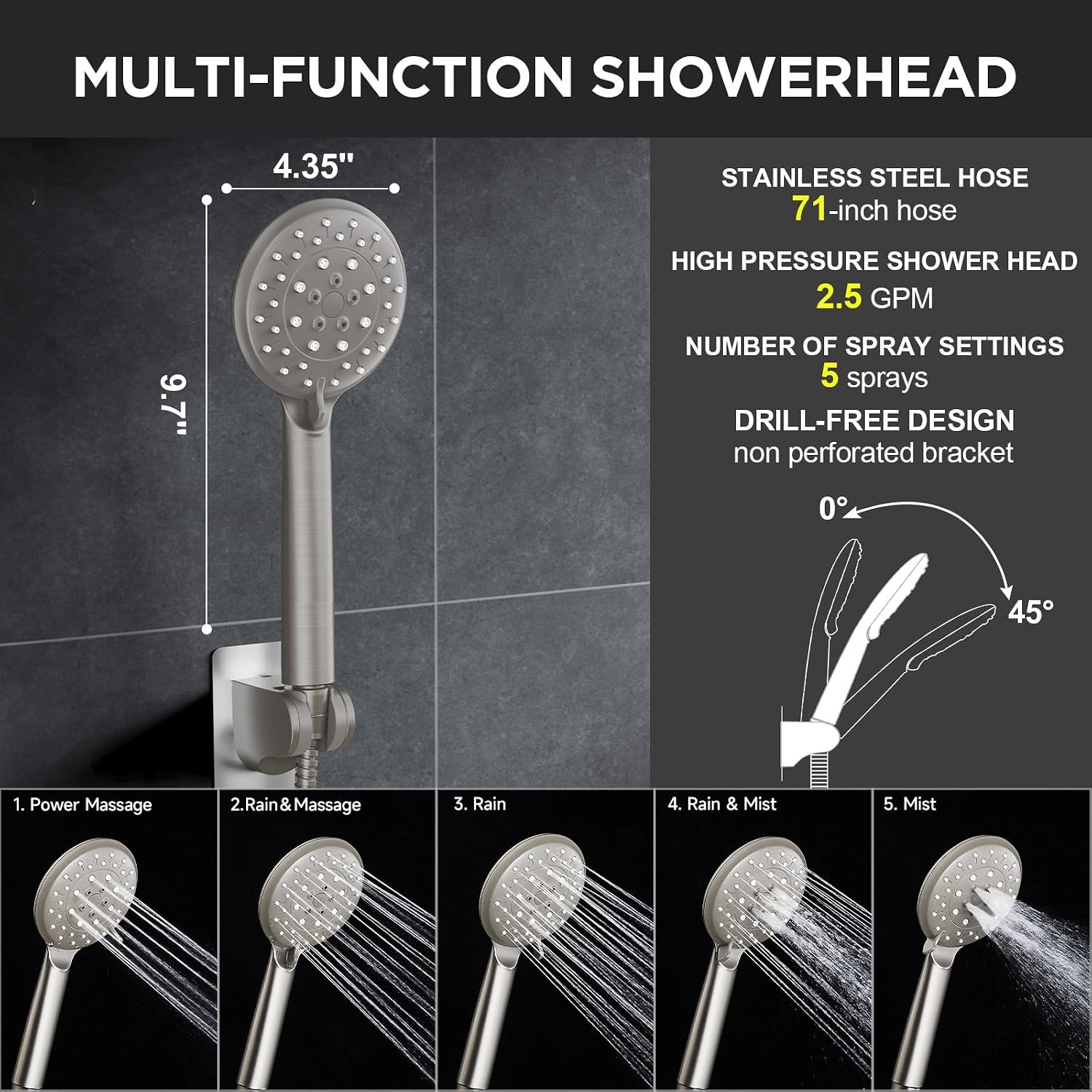 image:imageVeken Gold 118 High Pressure Shower Head with Handheld LeakProof DesignBrushed Nickel
