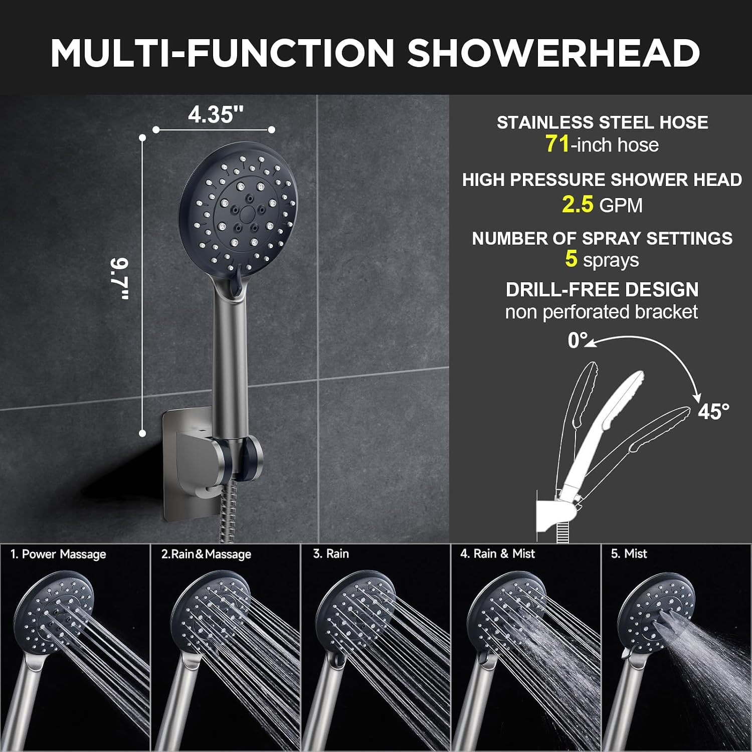 image:imageVeken Gold 118 High Pressure Shower Head with Handheld LeakProof DesignGunmetal Gray