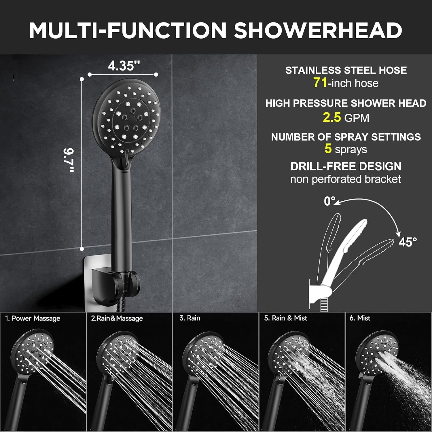 image:imageVeken Gold 118 High Pressure Shower Head with Handheld LeakProof DesignMatte Black