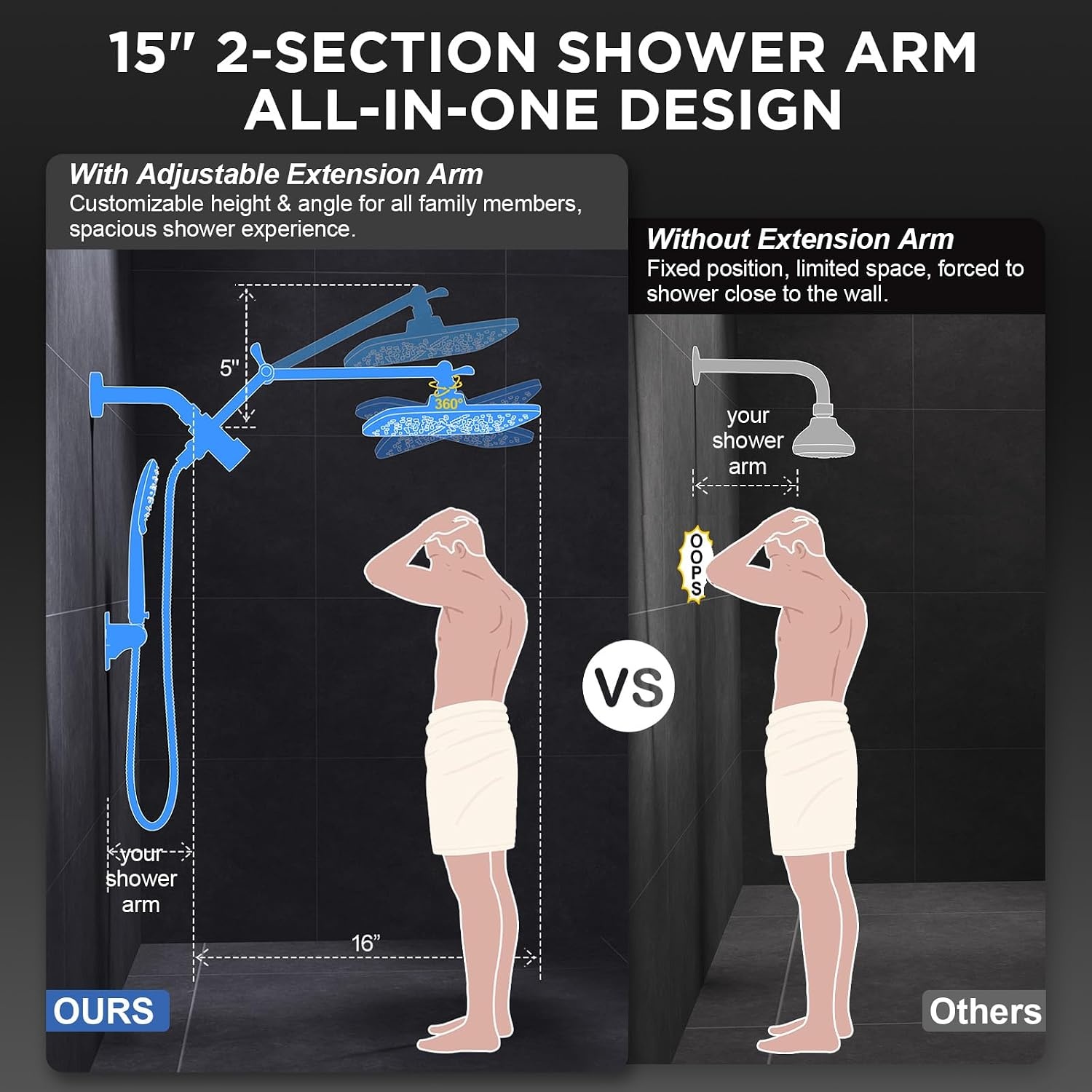 image:imageVeken Gold 118 High Pressure Shower Head with Handheld LeakProof DesignMatte Black