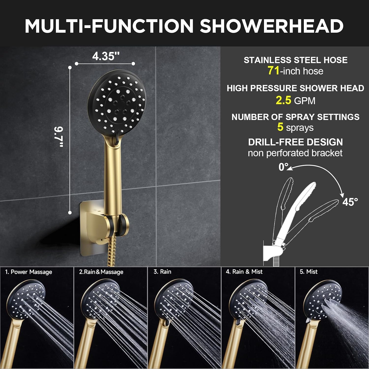 image:imageVeken Gold 118 High Pressure Shower Head with Handheld LeakProof DesignPure Gold