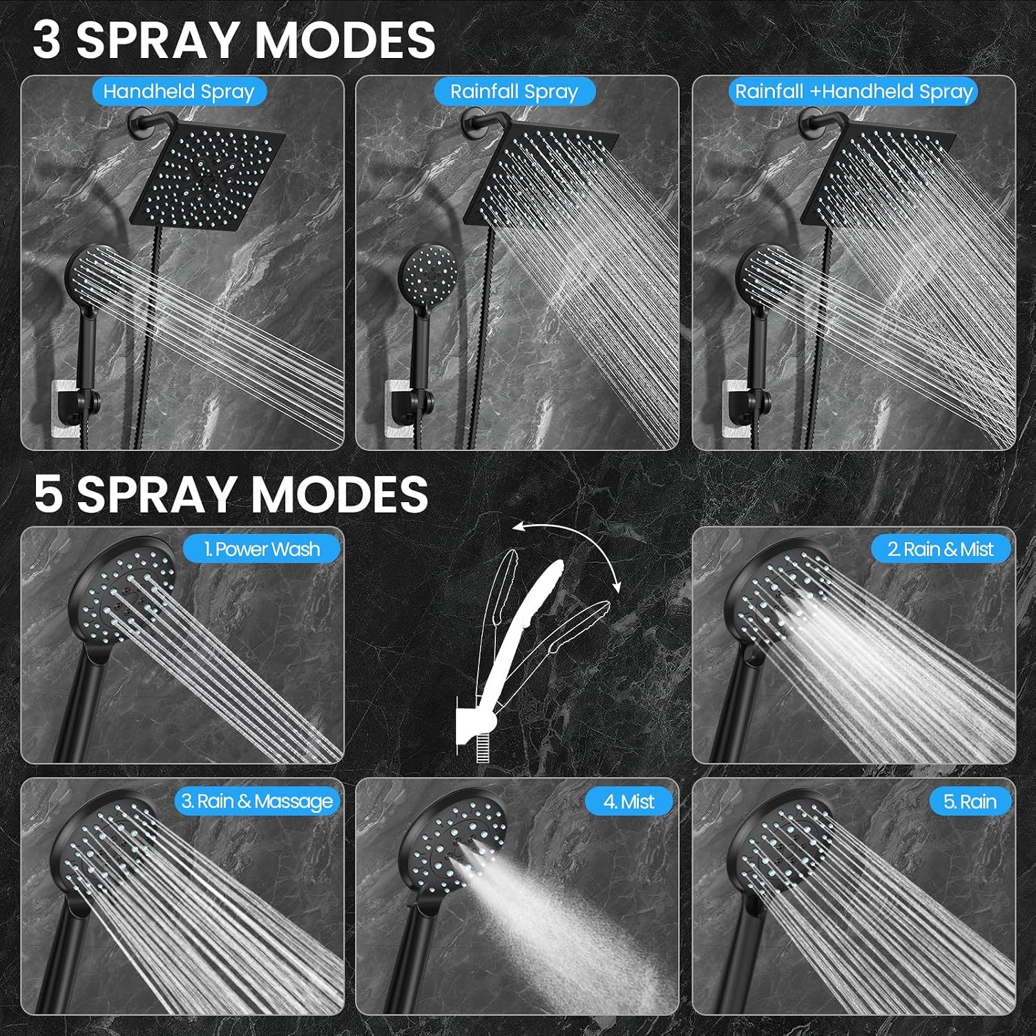 image:imageVeken MultiFunction Shower Head with Handheld High Pressure StarlightMatte Black