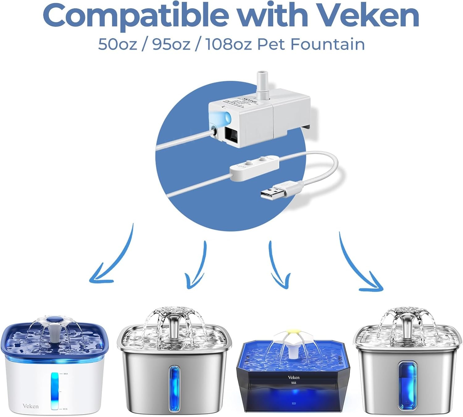 image:imageVeken Replacement Pump for 50oz 95oz and 108oz Pet FountainWhite