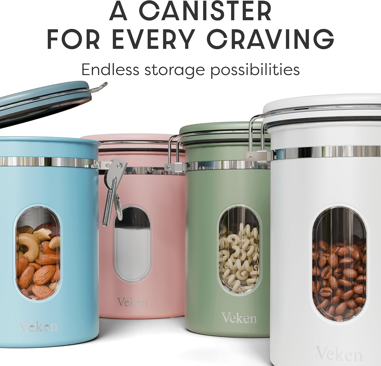 image:imageVeken Large Coffee Canister with Window Rice Kitchen Food Storage Airtight Stainless Steel Container with Lids Date Tracker and Scoop Grounds Beans Tea Flour Cereal Sugar Jars 38oz BlackJet White