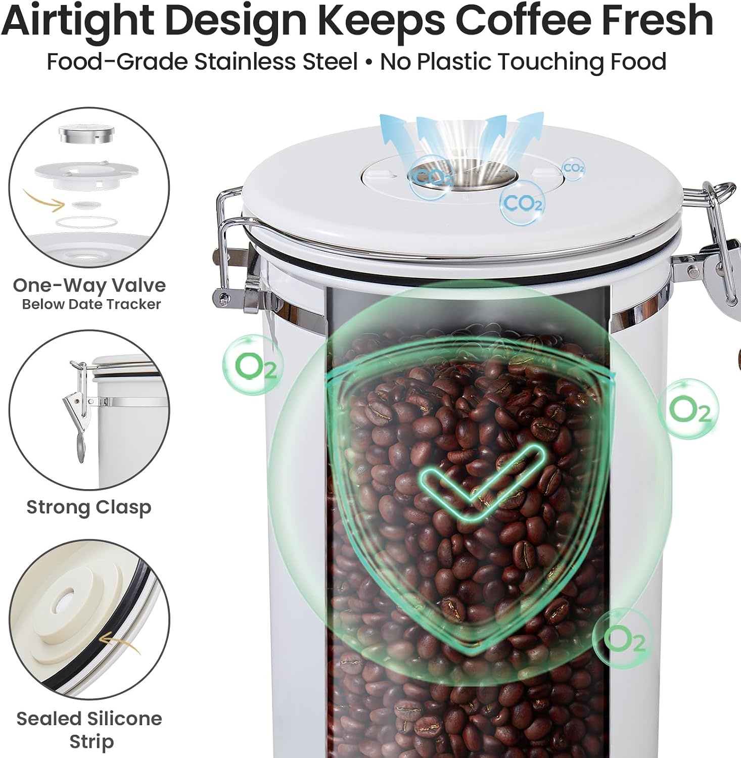 image:imageVeken Large Coffee Canister with Window Rice Kitchen Food Storage Airtight Stainless Steel Container with Lids Date Tracker and Scoop Grounds Beans Tea Flour Cereal Sugar Jars 38oz BlackJet White