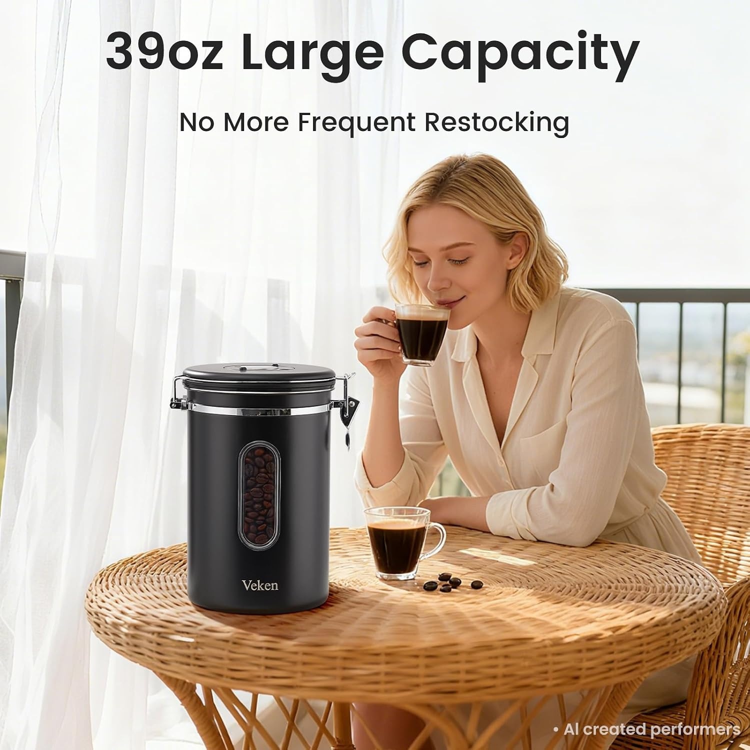 image:imageVeken Large Coffee Canister with Window Rice Kitchen Food Storage Airtight Stainless Steel Container with Lids Date Tracker and Scoop Grounds Beans Tea Flour Cereal Sugar Jars 38oz BlackBlack