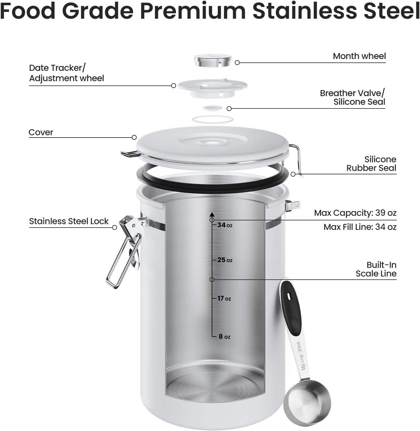 image:imageVeken Large Coffee Canister with Window Rice Kitchen Food Storage Airtight Stainless Steel Container with Lids Date Tracker and Scoop Grounds Beans Tea Flour Cereal Sugar Jars 38oz BlackJet White
