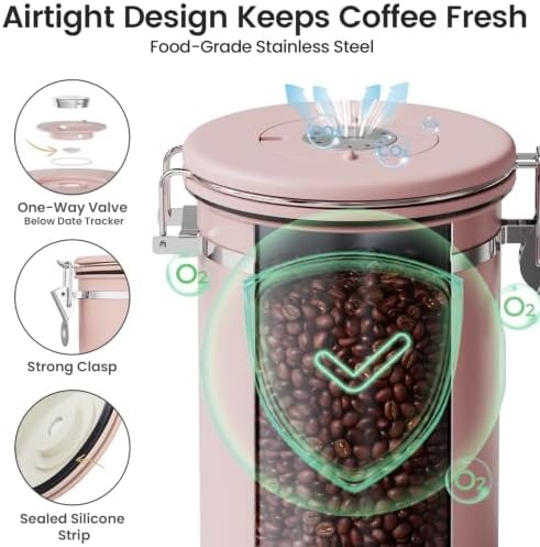 image:imageVeken Large Coffee Canister with Window Rice Kitchen Food Storage Airtight Stainless Steel Container with Lids Date Tracker and Scoop Grounds Beans Tea Flour Cereal Sugar Jars 38oz BlackPink