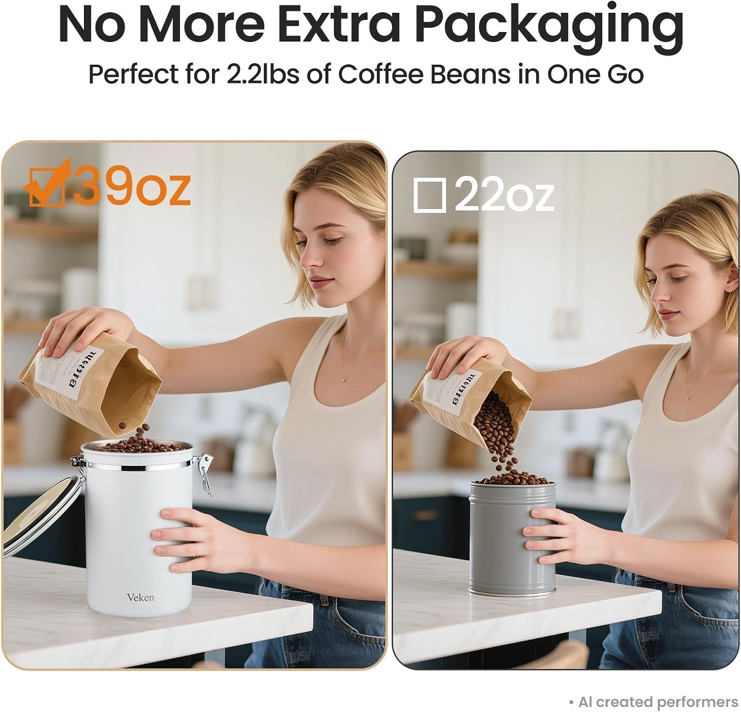 image:imageVeken Large Coffee Canister with Window Rice Kitchen Food Storage Airtight Stainless Steel Container with Lids Date Tracker and Scoop Grounds Beans Tea Flour Cereal Sugar Jars 38oz BlackJet White