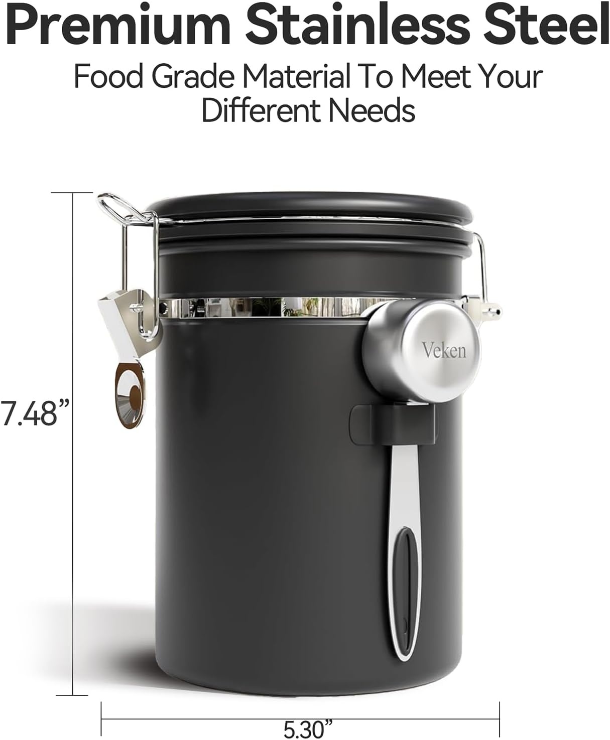 image:imageVeken Large Coffee Canister with Window Rice Kitchen Food Storage Airtight Stainless Steel Container with Lids Date Tracker and Scoop Grounds Beans Tea Flour Cereal Sugar Jars 38oz BlackBlack