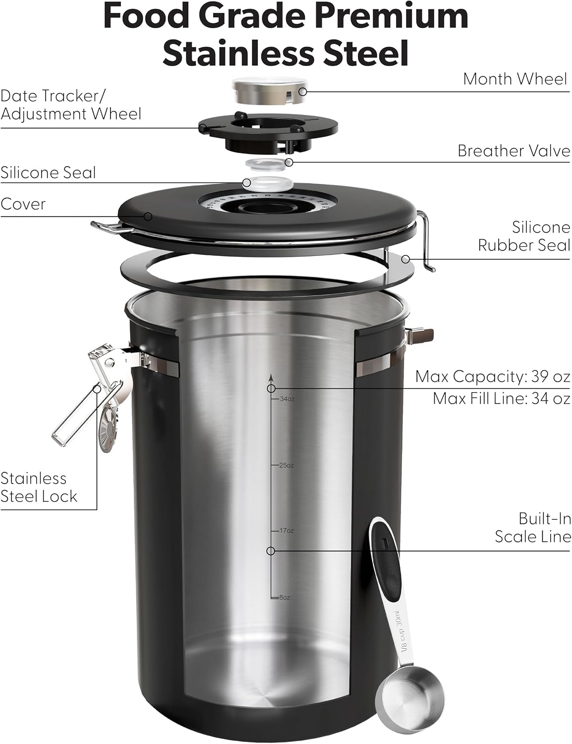 image:imageVeken Large Coffee Canister with Window Rice Kitchen Food Storage Airtight Stainless Steel Container with Lids Date Tracker and Scoop Grounds Beans Tea Flour Cereal Sugar Jars 38oz BlackBlack