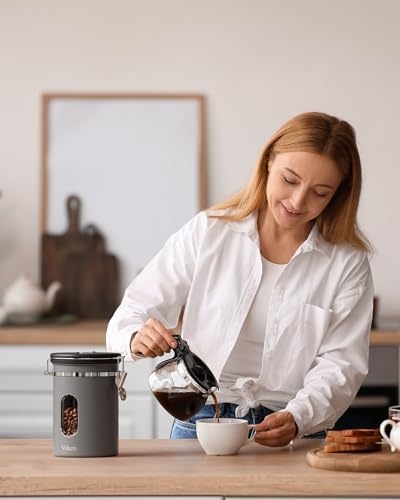 image:imageVeken Large Coffee Canister with Window Rice Kitchen Food Storage Airtight Stainless Steel Container with Lids Date Tracker and Scoop Grounds Beans Tea Flour Cereal Sugar Jars 38oz BlackGrey