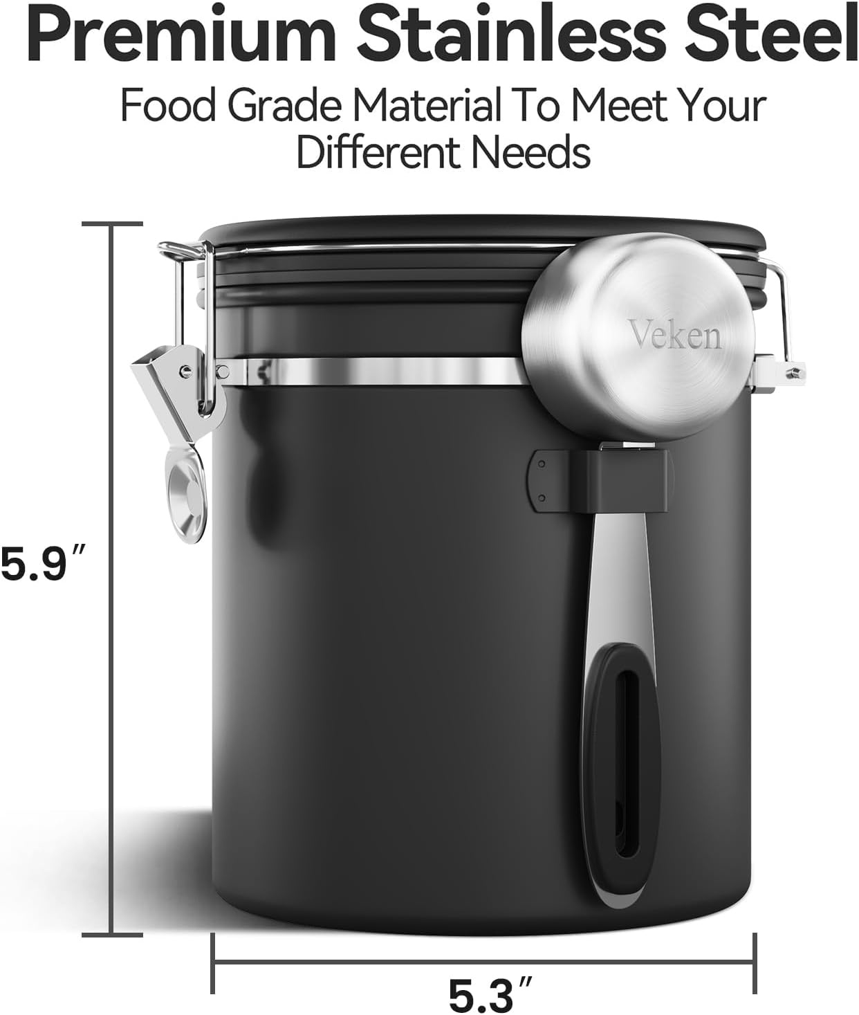image:imageVeken Large Coffee Canister with Window Rice Kitchen Food Storage Airtight Stainless Steel Container with Lids Date Tracker and Scoop Grounds Beans Tea Flour Cereal Sugar Jars 38oz BlackBlack