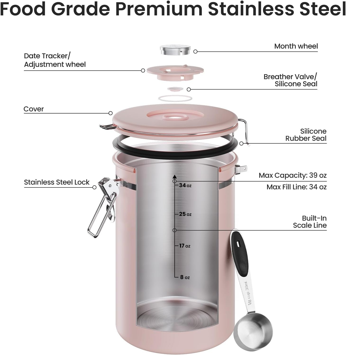 image:imageVeken Large Coffee Canister with Window Rice Kitchen Food Storage Airtight Stainless Steel Container with Lids Date Tracker and Scoop Grounds Beans Tea Flour Cereal Sugar Jars 38oz BlackPink