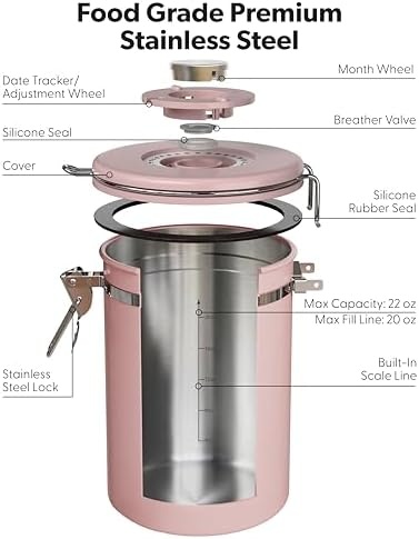 image:imageVeken Large Coffee Canister with Window Rice Kitchen Food Storage Airtight Stainless Steel Container with Lids Date Tracker and Scoop Grounds Beans Tea Flour Cereal Sugar Jars 38oz BlackPink