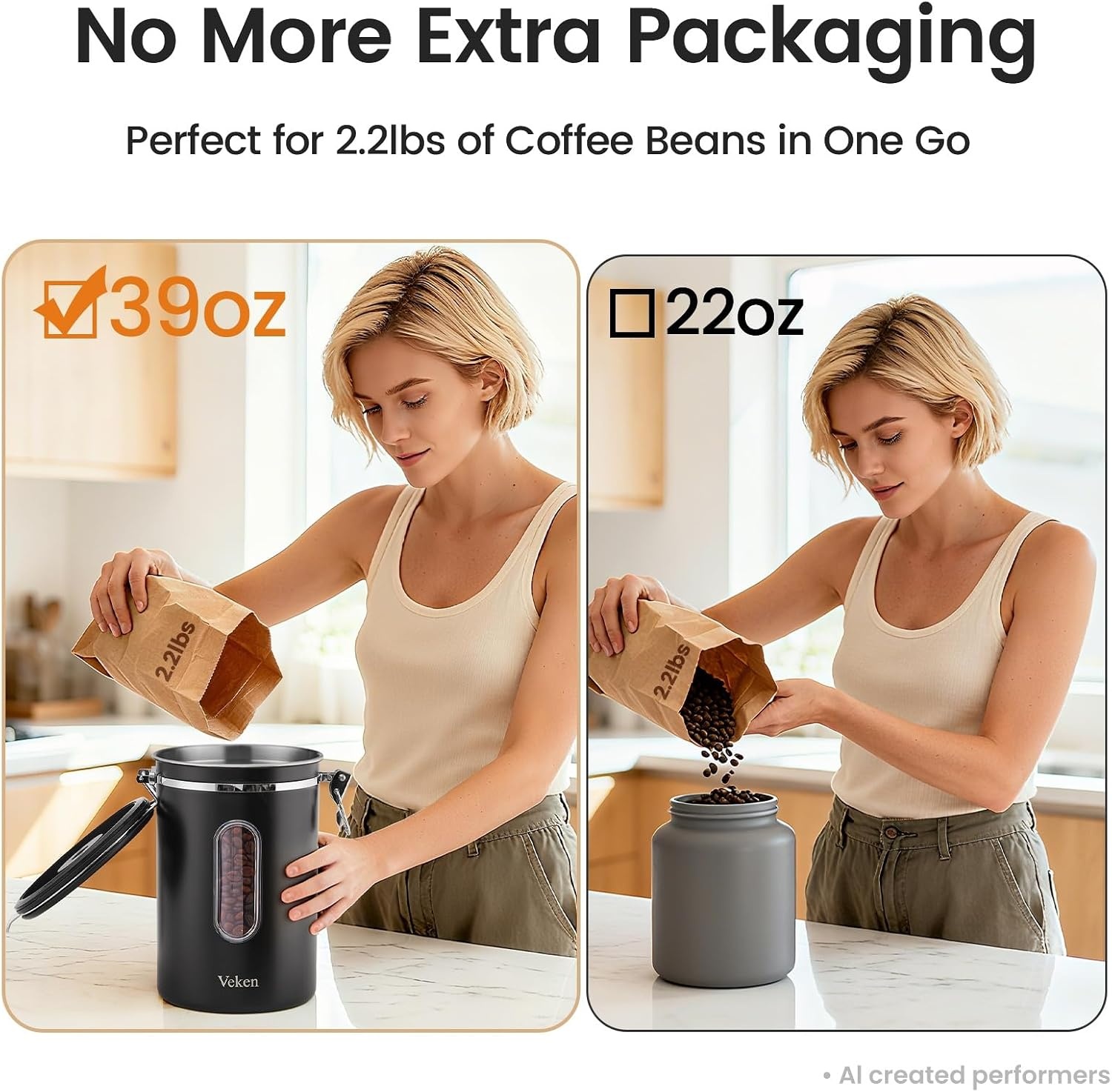 image:imageVeken Large Coffee Canister with Window Rice Kitchen Food Storage Airtight Stainless Steel Container with Lids Date Tracker and Scoop Grounds Beans Tea Flour Cereal Sugar Jars 38oz BlackBlack