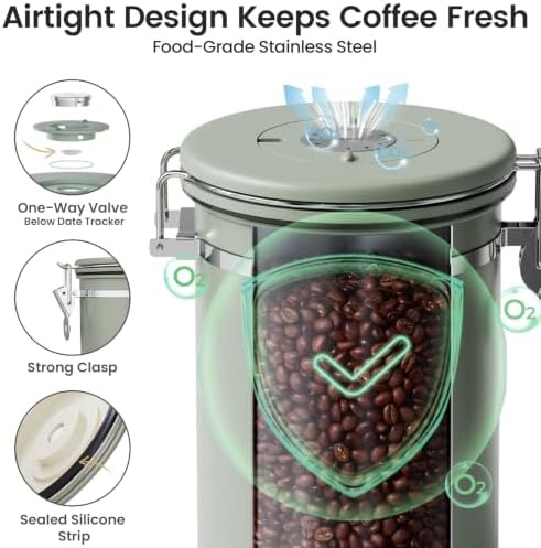 image:imageVeken Large Coffee Canister with Window Rice Kitchen Food Storage Airtight Stainless Steel Container with Lids Date Tracker and Scoop Grounds Beans Tea Flour Cereal Sugar Jars 38oz BlackGreen