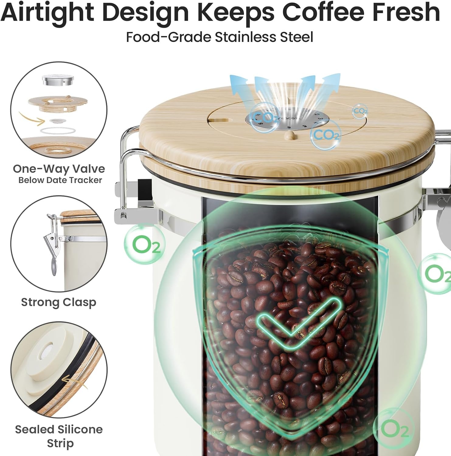 image:imageVeken Large Coffee Canister with Window Rice Kitchen Food Storage Airtight Stainless Steel Container with Lids Date Tracker and Scoop Grounds Beans Tea Flour Cereal Sugar Jars 38oz BlackCream