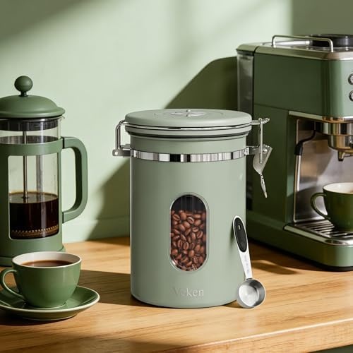 image:imageVeken Large Coffee Canister with Window Rice Kitchen Food Storage Airtight Stainless Steel Container with Lids Date Tracker and Scoop Grounds Beans Tea Flour Cereal Sugar Jars 38oz BlackGreen