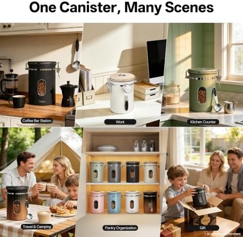 image:imageVeken Large Coffee Canister with Window Rice Kitchen Food Storage Airtight Stainless Steel Container with Lids Date Tracker and Scoop Grounds Beans Tea Flour Cereal Sugar Jars 38oz BlackGreen