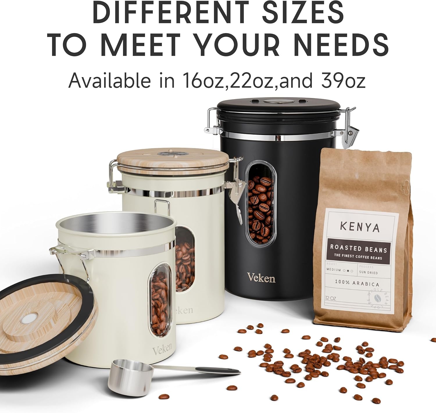 image:imageVeken Large Coffee Canister with Window Rice Kitchen Food Storage Airtight Stainless Steel Container with Lids Date Tracker and Scoop Grounds Beans Tea Flour Cereal Sugar Jars 38oz BlackCream