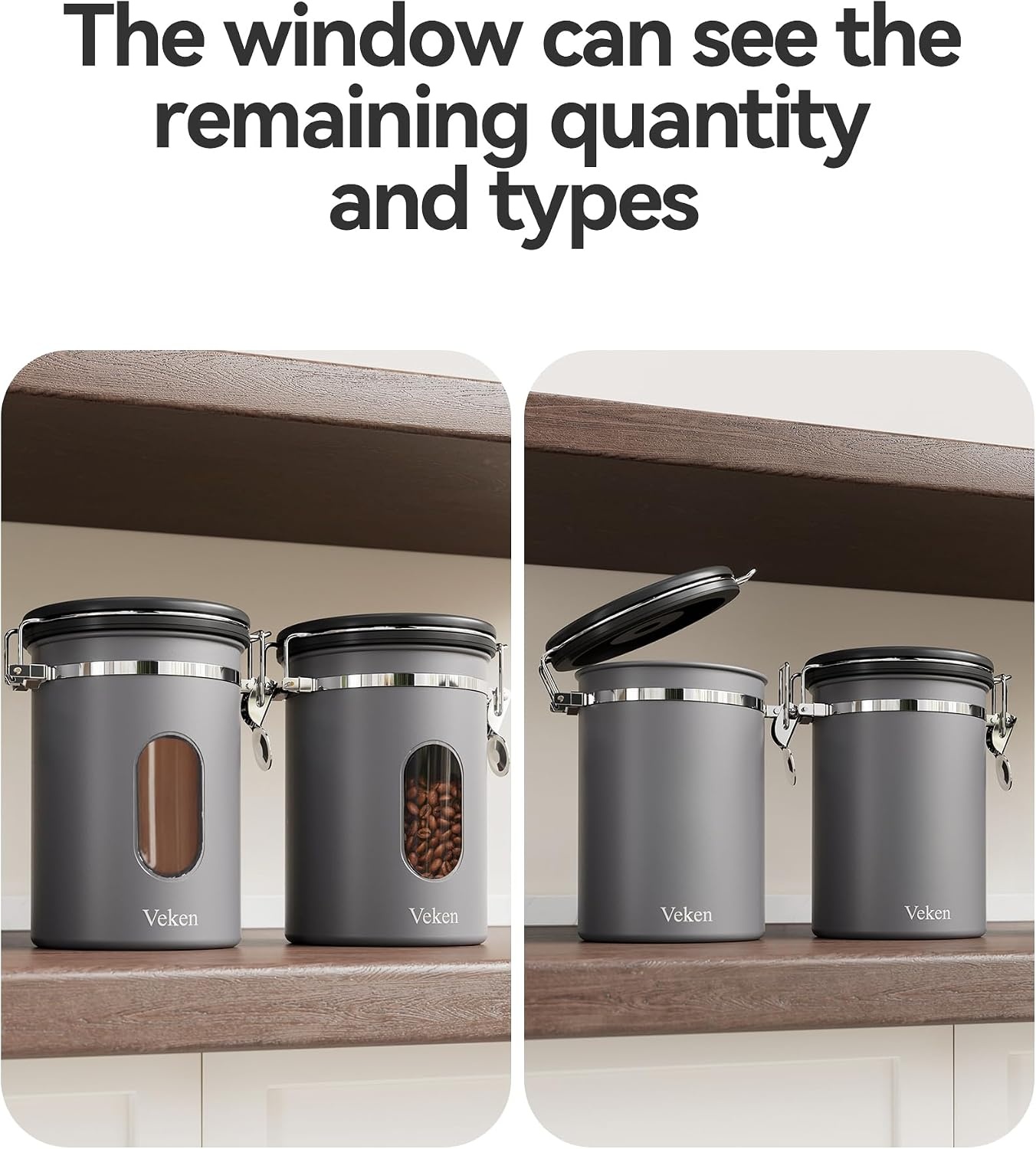 image:imageVeken Large Coffee Canister with Window Rice Kitchen Food Storage Airtight Stainless Steel Container with Lids Date Tracker and Scoop Grounds Beans Tea Flour Cereal Sugar Jars 38oz BlackGrey