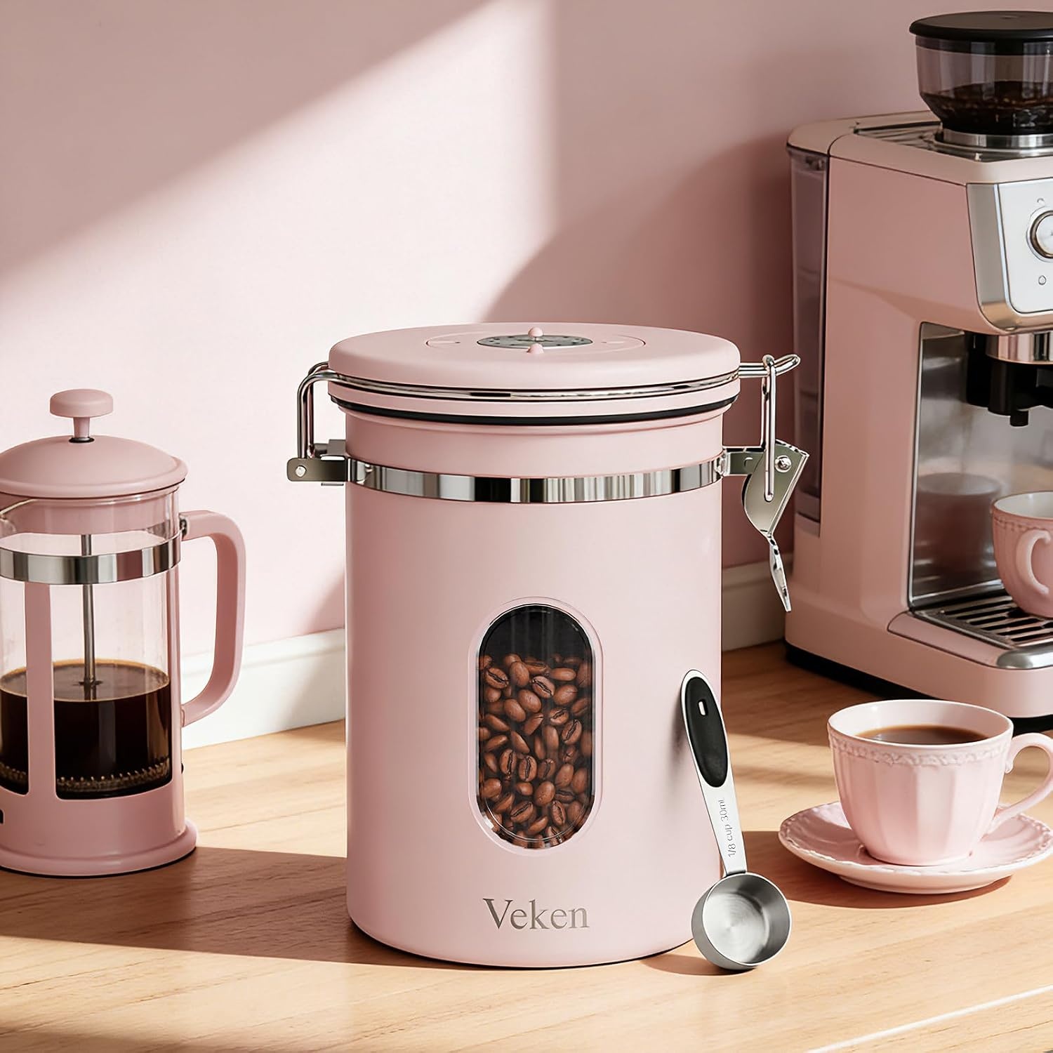 image:imageVeken Large Coffee Canister with Window Rice Kitchen Food Storage Airtight Stainless Steel Container with Lids Date Tracker and Scoop Grounds Beans Tea Flour Cereal Sugar Jars 38oz BlackPink