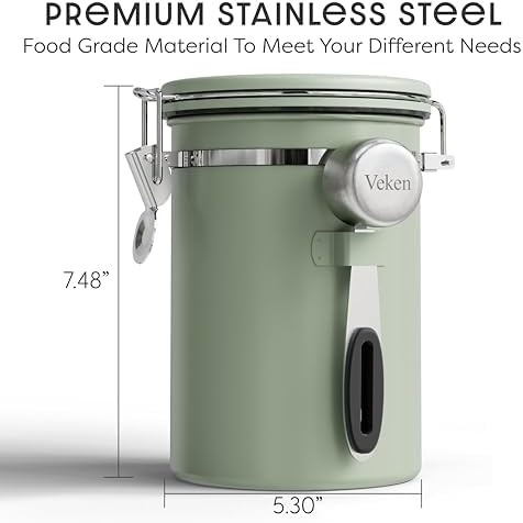 image:imageVeken Large Coffee Canister with Window Rice Kitchen Food Storage Airtight Stainless Steel Container with Lids Date Tracker and Scoop Grounds Beans Tea Flour Cereal Sugar Jars 38oz BlackGreen