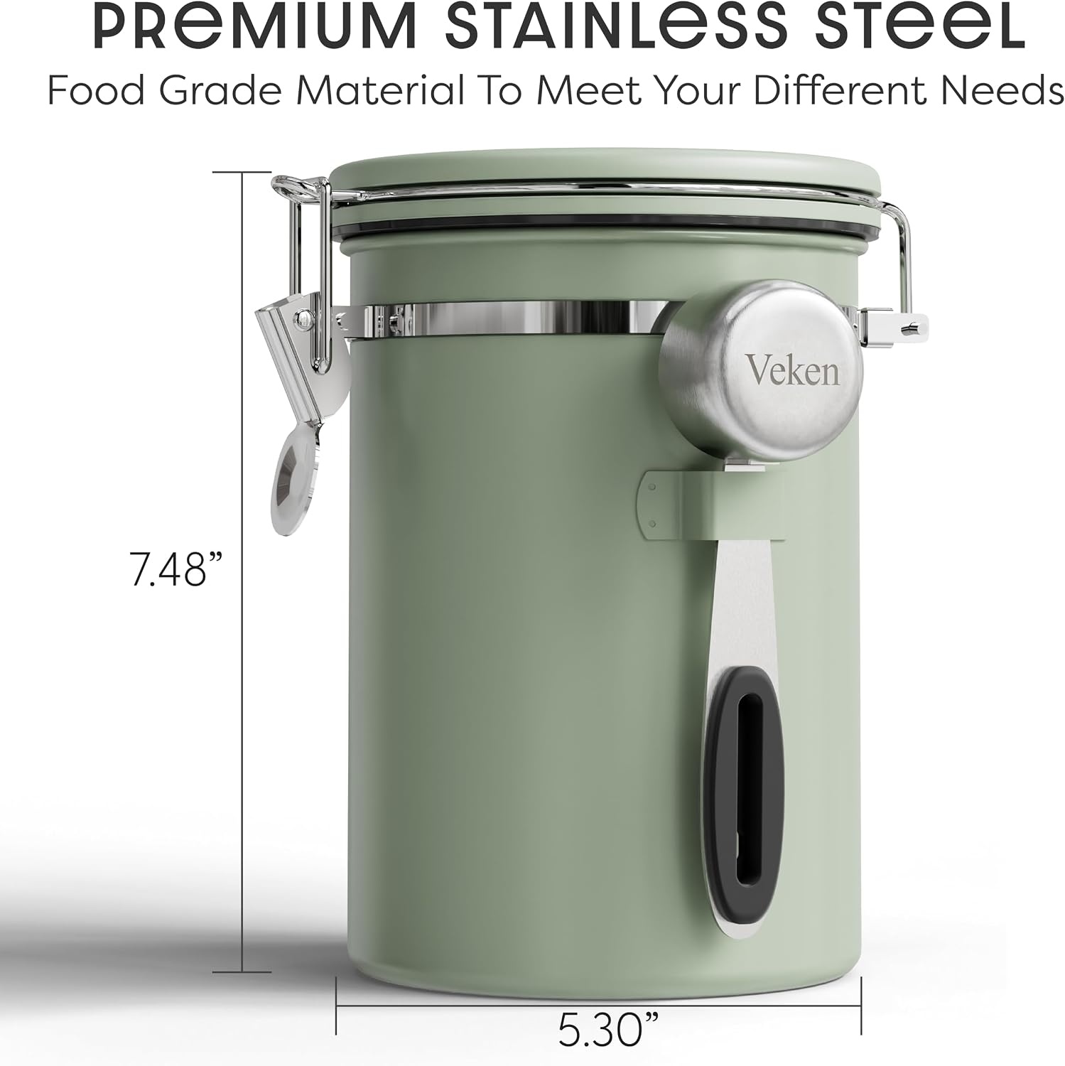 image:imageVeken Large Coffee Canister with Window Rice Kitchen Food Storage Airtight Stainless Steel Container with Lids Date Tracker and Scoop Grounds Beans Tea Flour Cereal Sugar Jars 38oz BlackGreen