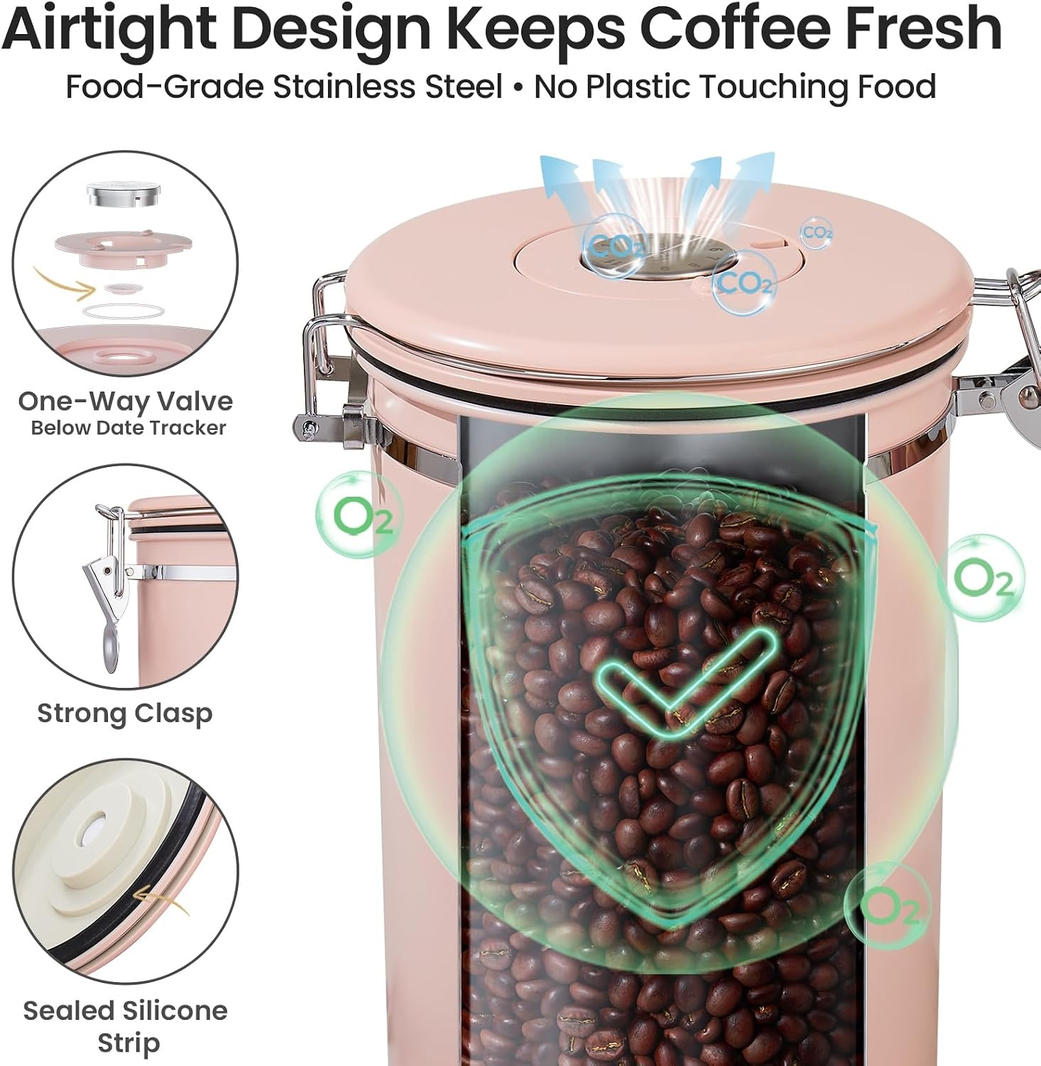 image:imageVeken Large Coffee Canister with Window Rice Kitchen Food Storage Airtight Stainless Steel Container with Lids Date Tracker and Scoop Grounds Beans Tea Flour Cereal Sugar Jars 38oz BlackPink