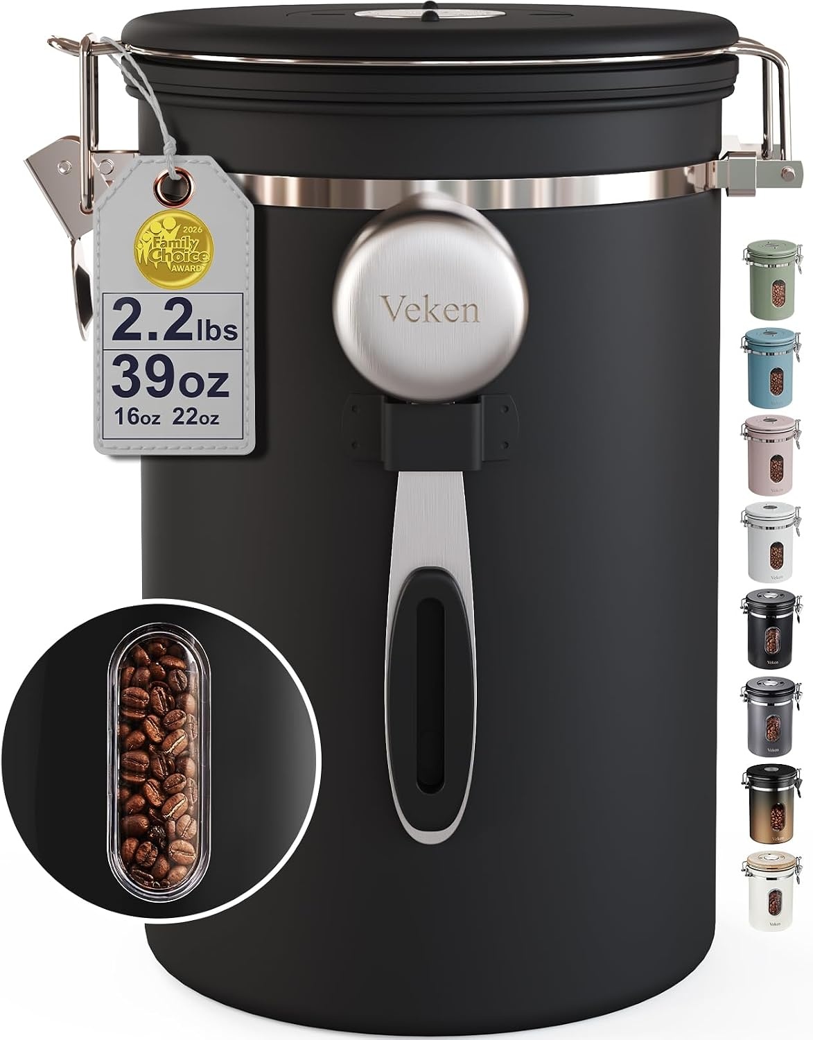 image:imageVeken Large Coffee Canister with Window Rice Kitchen Food Storage Airtight Stainless Steel Container with Lids Date Tracker and Scoop Grounds Beans Tea Flour Cereal Sugar Jars 38oz BlackBlack