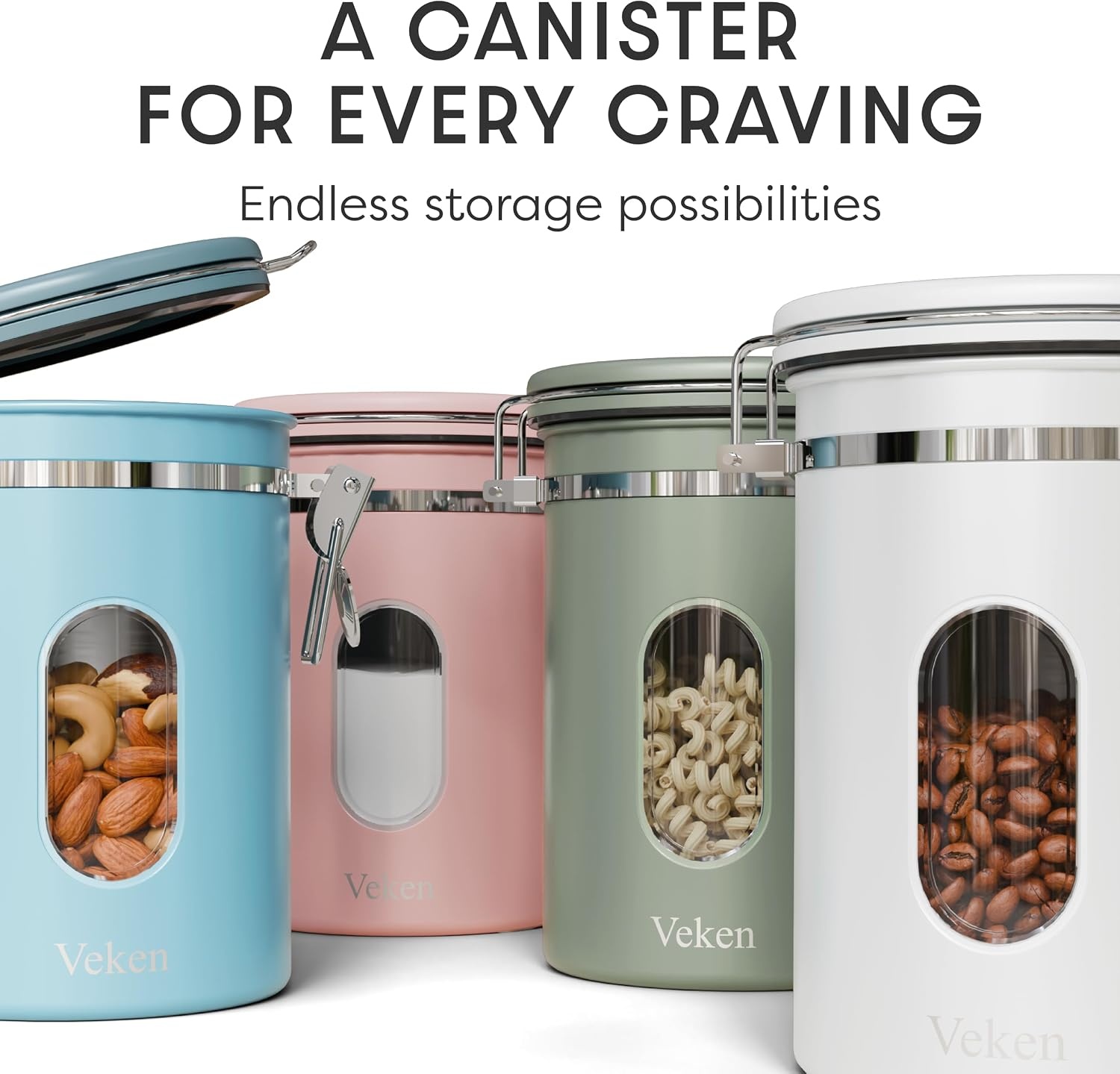 image:imageVeken Large Coffee Canister with Window Rice Kitchen Food Storage Airtight Stainless Steel Container with Lids Date Tracker and Scoop Grounds Beans Tea Flour Cereal Sugar Jars 38oz BlackGreen