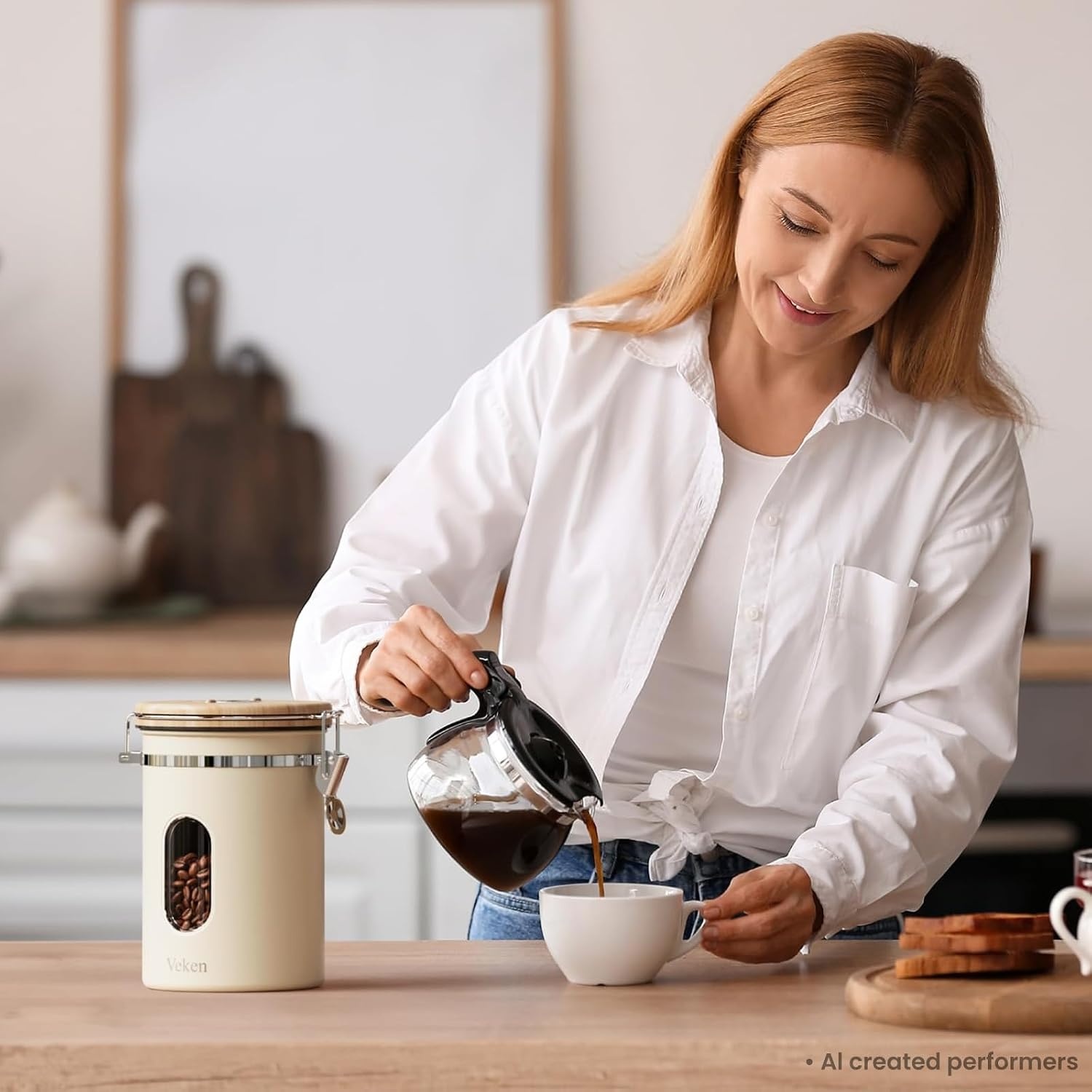 image:imageVeken Large Coffee Canister with Window Rice Kitchen Food Storage Airtight Stainless Steel Container with Lids Date Tracker and Scoop Grounds Beans Tea Flour Cereal Sugar Jars 38oz BlackCream