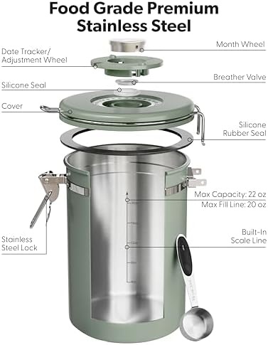 image:imageVeken Large Coffee Canister with Window Rice Kitchen Food Storage Airtight Stainless Steel Container with Lids Date Tracker and Scoop Grounds Beans Tea Flour Cereal Sugar Jars 38oz BlackGreen