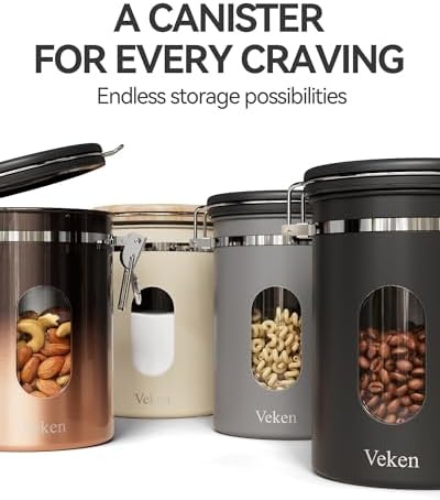 image:imageVeken Large Coffee Canister with Window Rice Kitchen Food Storage Airtight Stainless Steel Container with Lids Date Tracker and Scoop Grounds Beans Tea Flour Cereal Sugar Jars 38oz BlackGrey