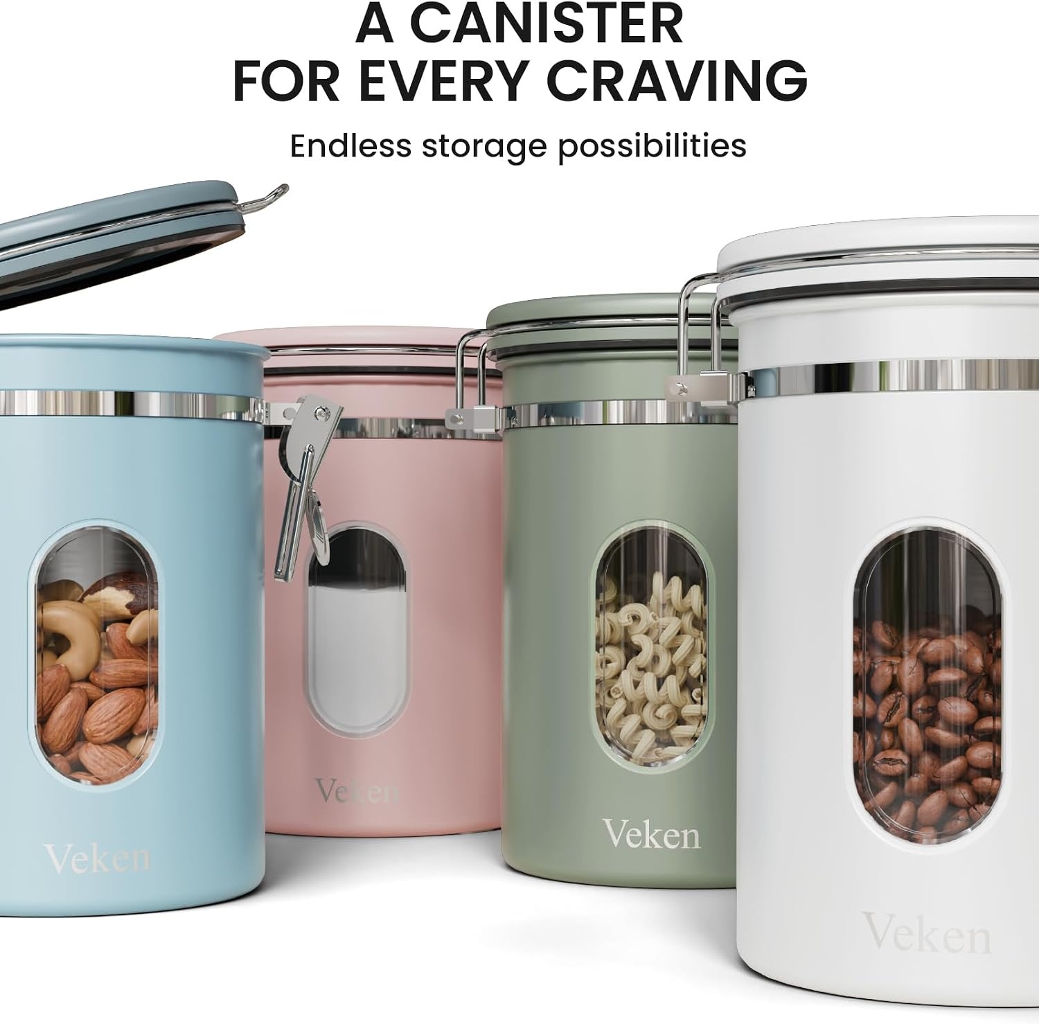 image:imageVeken Large Coffee Canister with Window Rice Kitchen Food Storage Airtight Stainless Steel Container with Lids Date Tracker and Scoop Grounds Beans Tea Flour Cereal Sugar Jars 38oz BlackPink