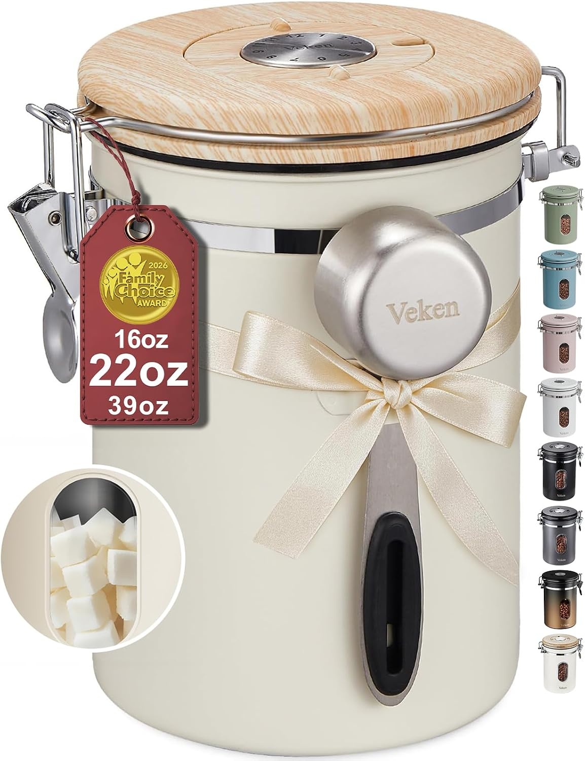 image:imageVeken Large Coffee Canister with Window Rice Kitchen Food Storage Airtight Stainless Steel Container with Lids Date Tracker and Scoop Grounds Beans Tea Flour Cereal Sugar Jars 38oz BlackCream