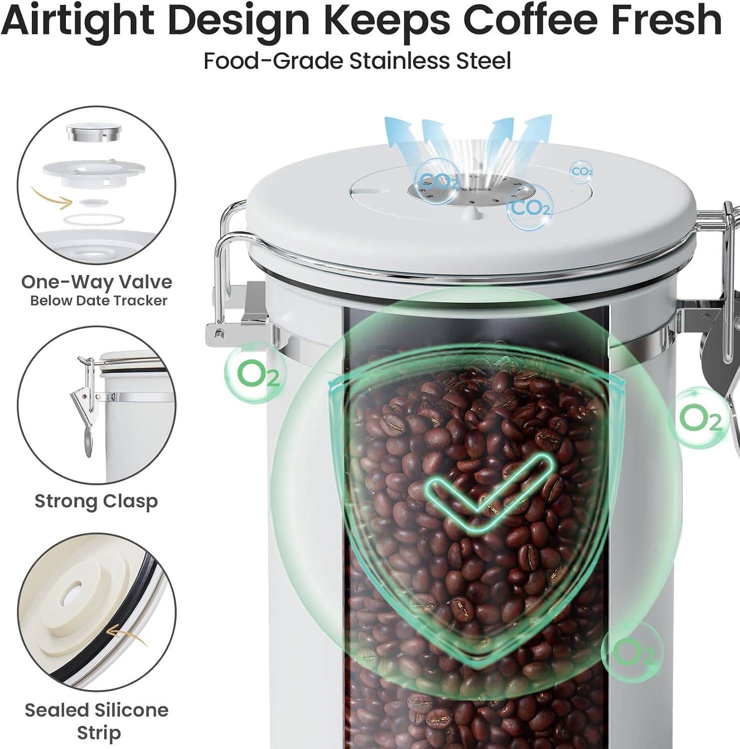 image:imageVeken Large Coffee Canister with Window Rice Kitchen Food Storage Airtight Stainless Steel Container with Lids Date Tracker and Scoop Grounds Beans Tea Flour Cereal Sugar Jars 38oz BlackJet White
