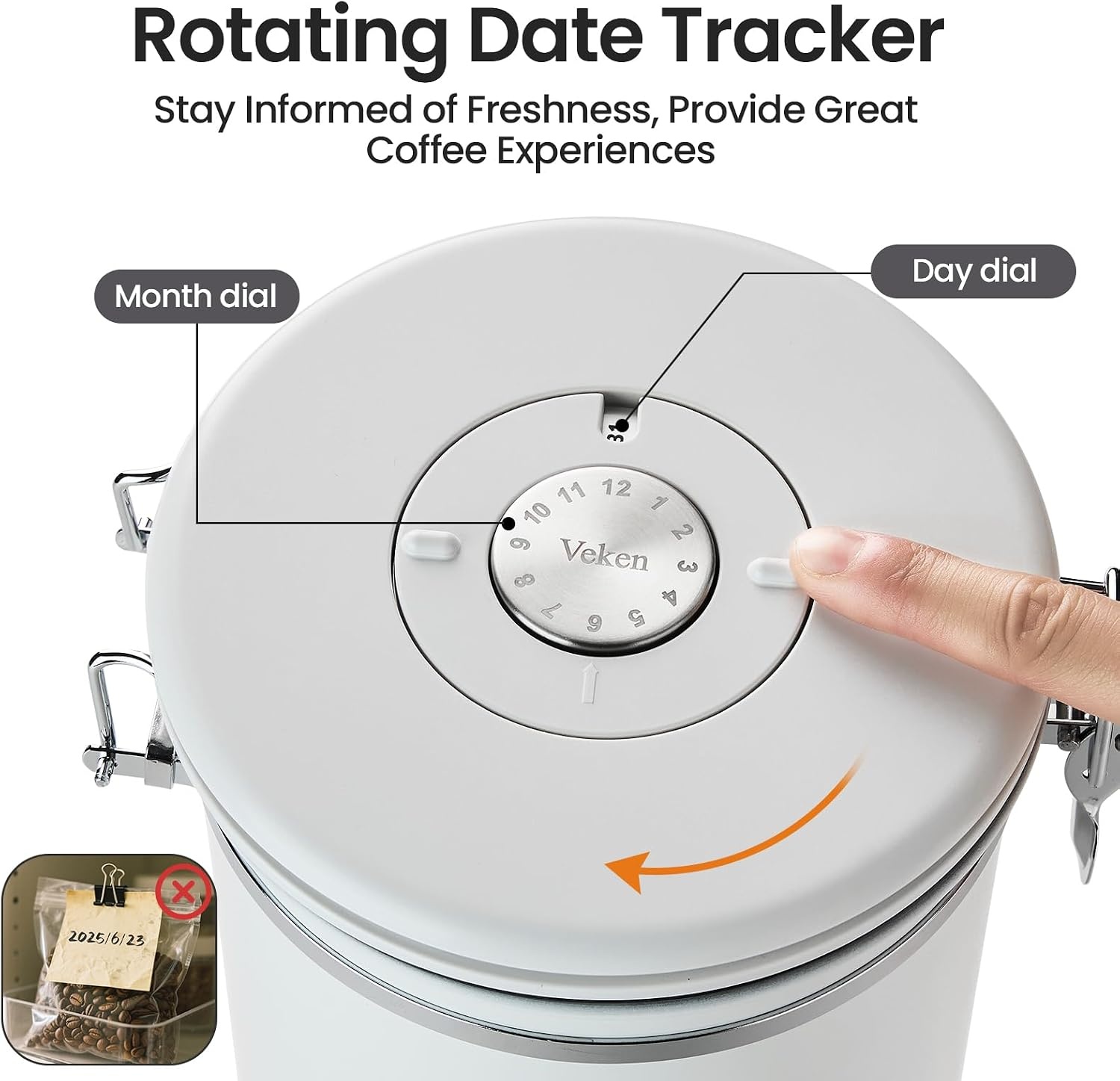image:imageVeken Large Coffee Canister with Window Rice Kitchen Food Storage Airtight Stainless Steel Container with Lids Date Tracker and Scoop Grounds Beans Tea Flour Cereal Sugar Jars 38oz BlackJet White