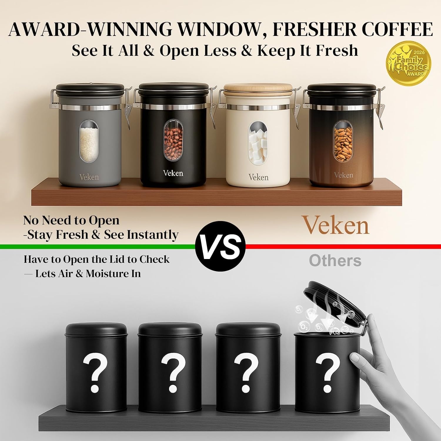image:imageVeken Large Coffee Canister with Window Rice Kitchen Food Storage Airtight Stainless Steel Container with Lids Date Tracker and Scoop Grounds Beans Tea Flour Cereal Sugar Jars 38oz BlackGrey