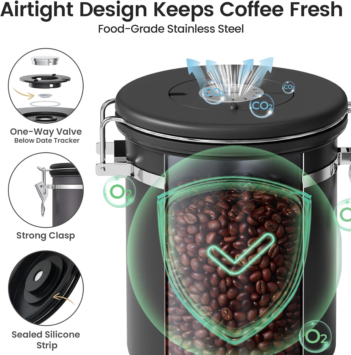 image:imageVeken Large Coffee Canister with Window Rice Kitchen Food Storage Airtight Stainless Steel Container with Lids Date Tracker and Scoop Grounds Beans Tea Flour Cereal Sugar Jars 38oz BlackBlack