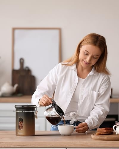 image:imageVeken Large Coffee Canister with Window Rice Kitchen Food Storage Airtight Stainless Steel Container with Lids Date Tracker and Scoop Grounds Beans Tea Flour Cereal Sugar Jars 38oz BlackGradient Copper